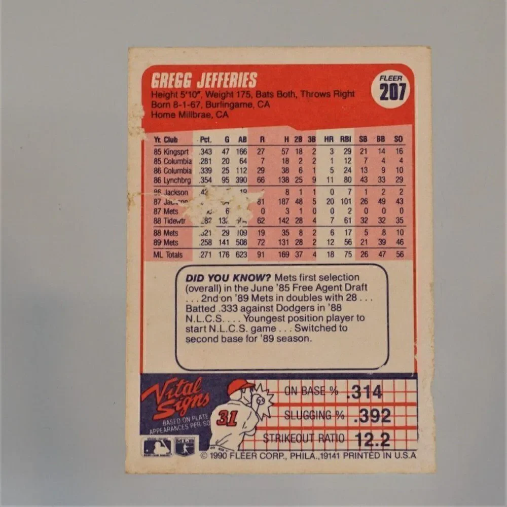 1990 Fleer #207 Greg Jeffries New York Mets Second Base Baseball Card
